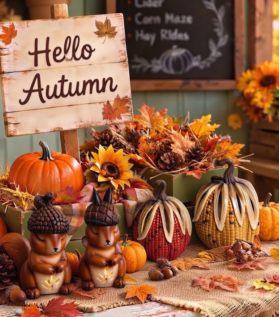 Autumn display with handmade woodland figures, pumpkins, leaves and sunflowers