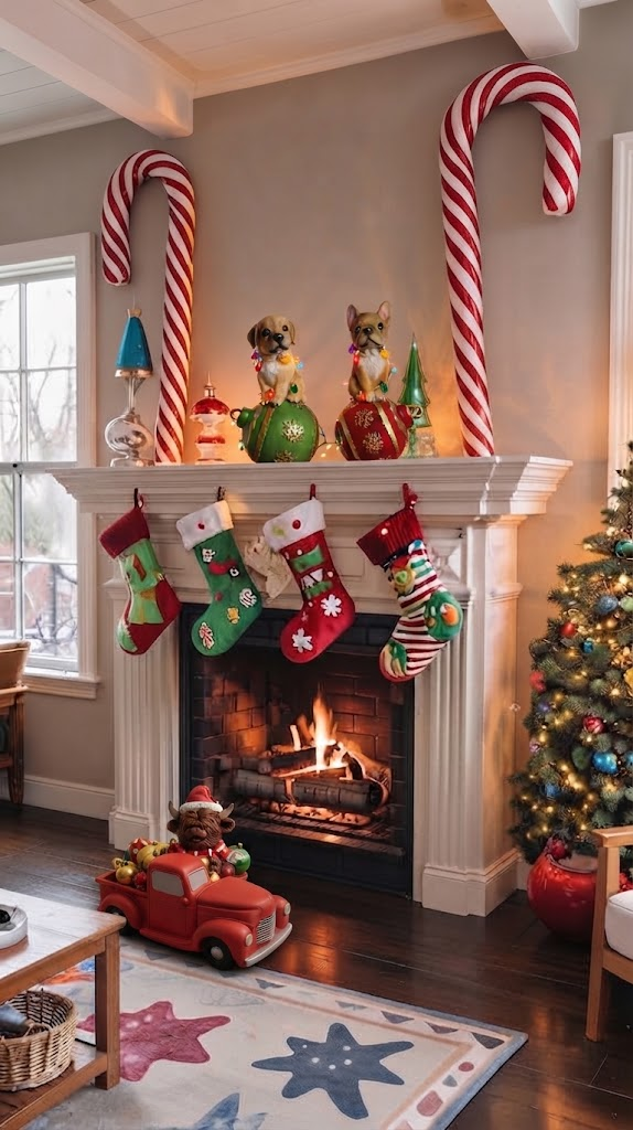 Christmas living room with a decorated tree, stockings and festive ornaments