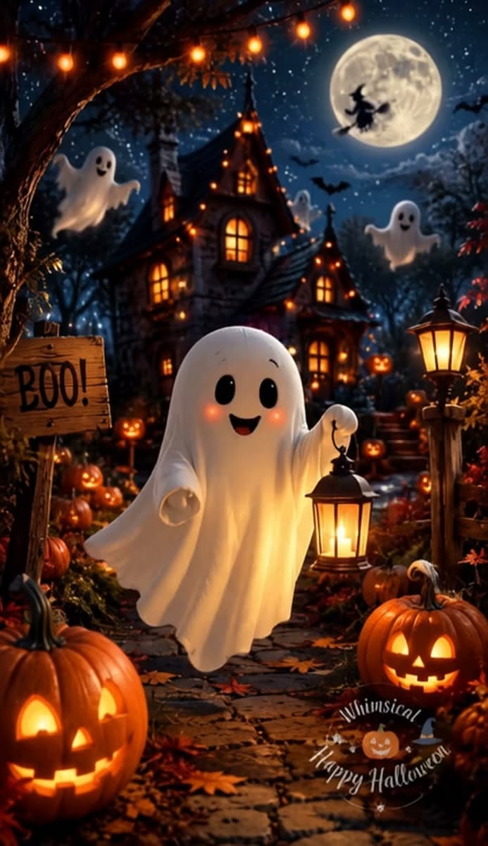 Playful Halloween scene with a smiling ghost, lanterns and glowing pumpkins