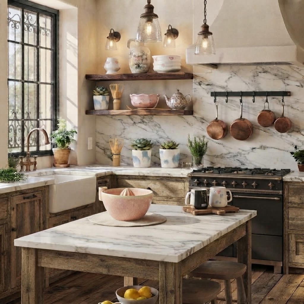 Warm kitchen with a marble worktop, open shelves, pottery and copper cookware