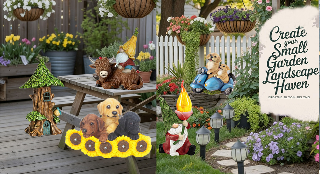 Whimsical small garden scene with decorative figures and flowers
